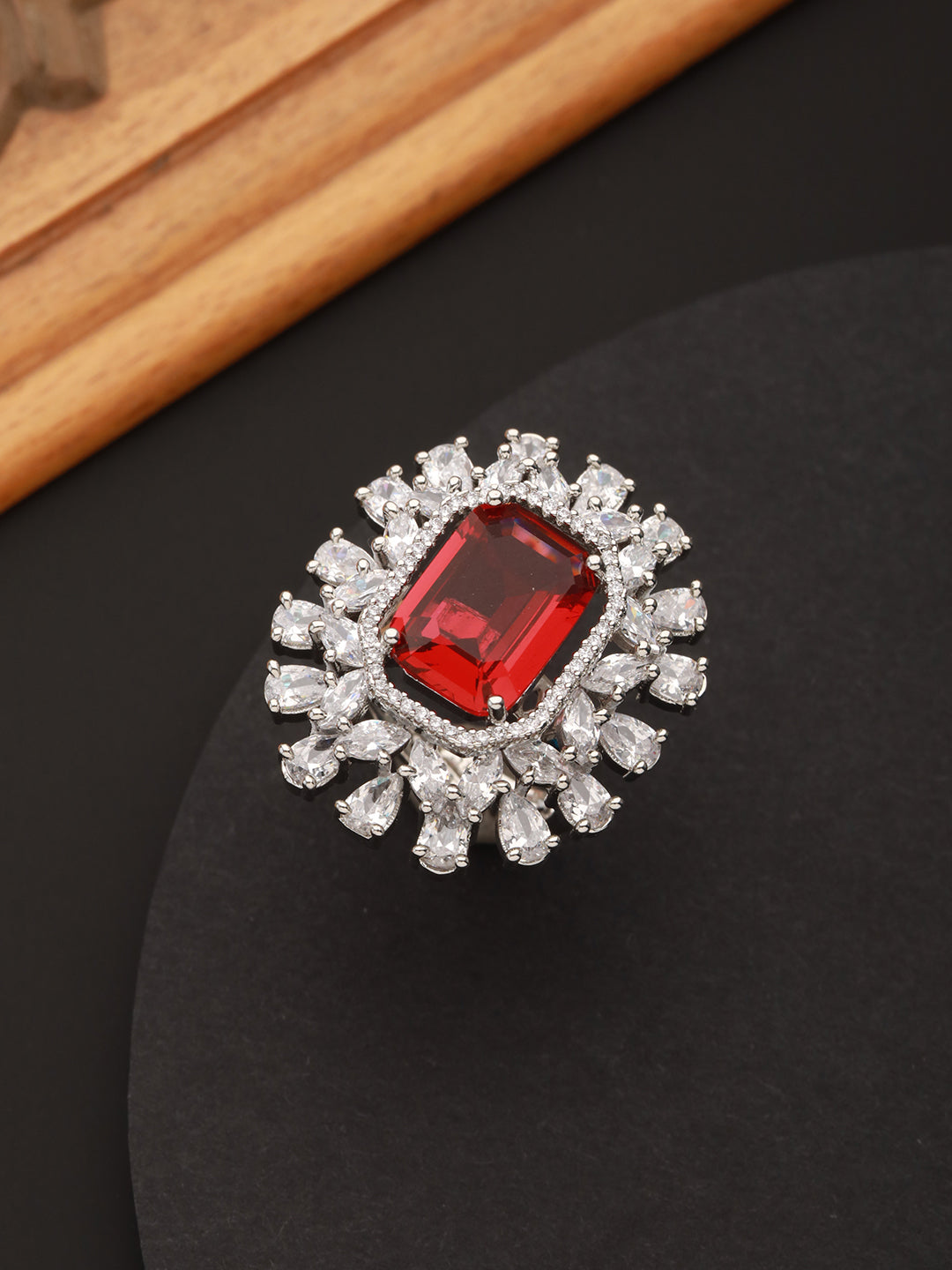 Silver Plated Red CZ Studded  Designer Adjustable Cocktail Finger Ring